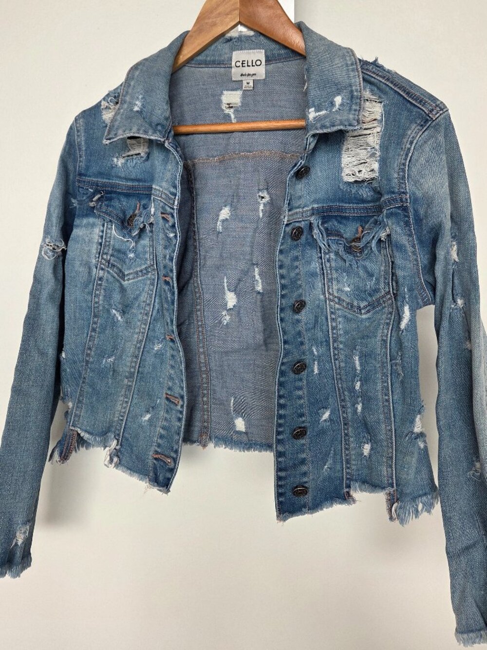 Cello Cropped Distressed Jean Jacket Size Medium